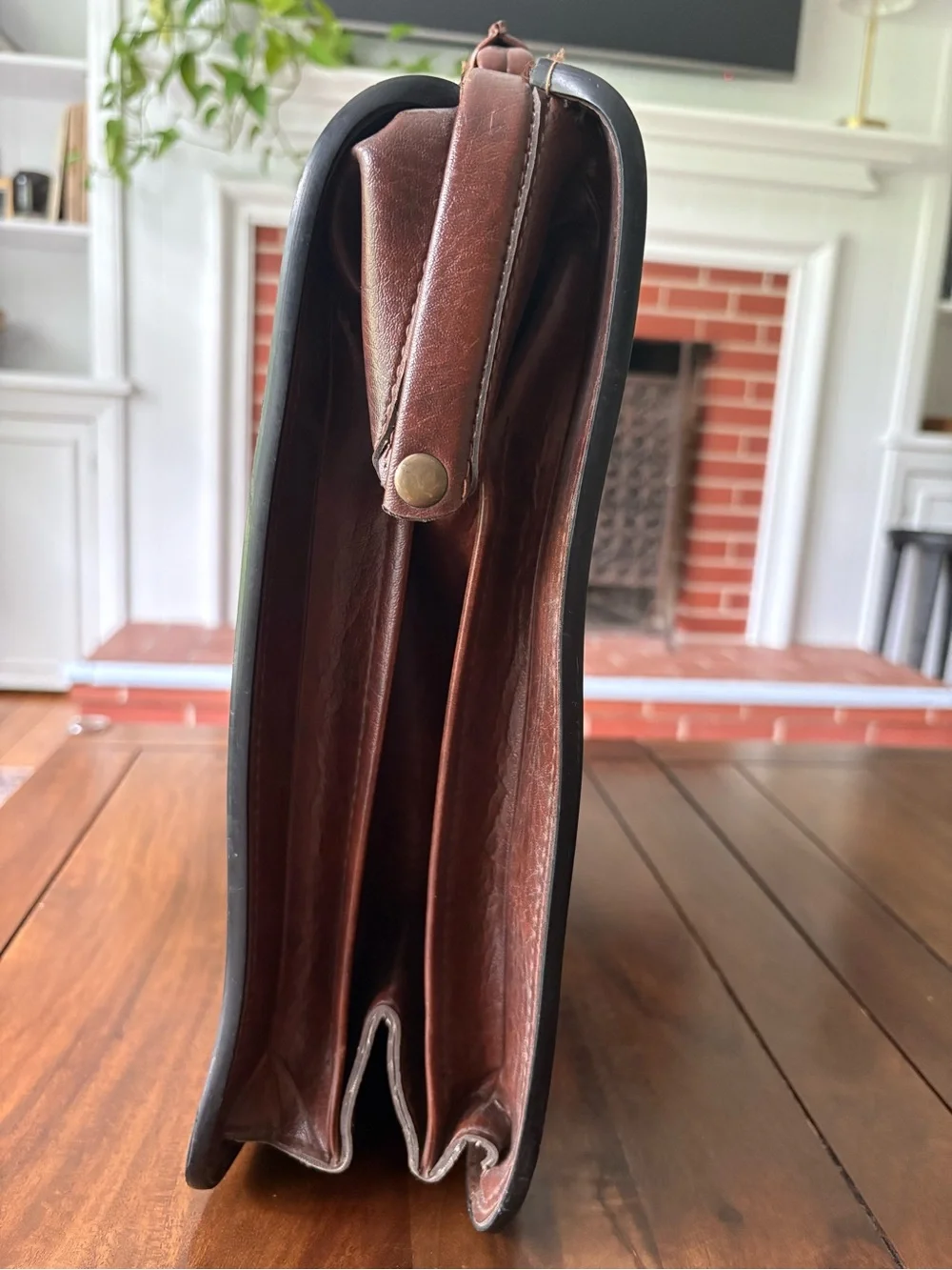 Vintage brown leather expandable briefcase with brass Crest Lock Co NY